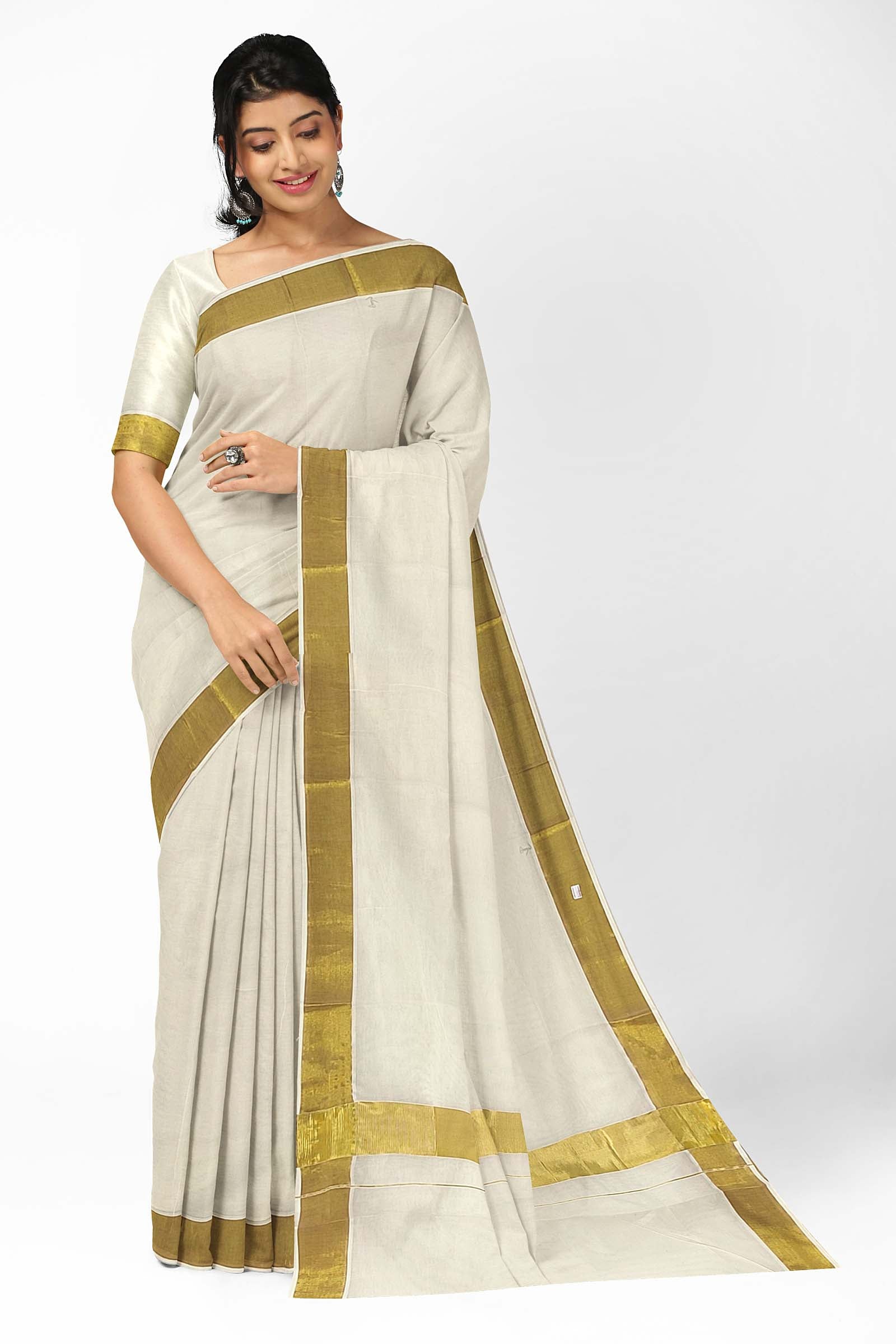 Gold Tissue Kasavu Saree With Floral Designs And Zari Borders at Soch