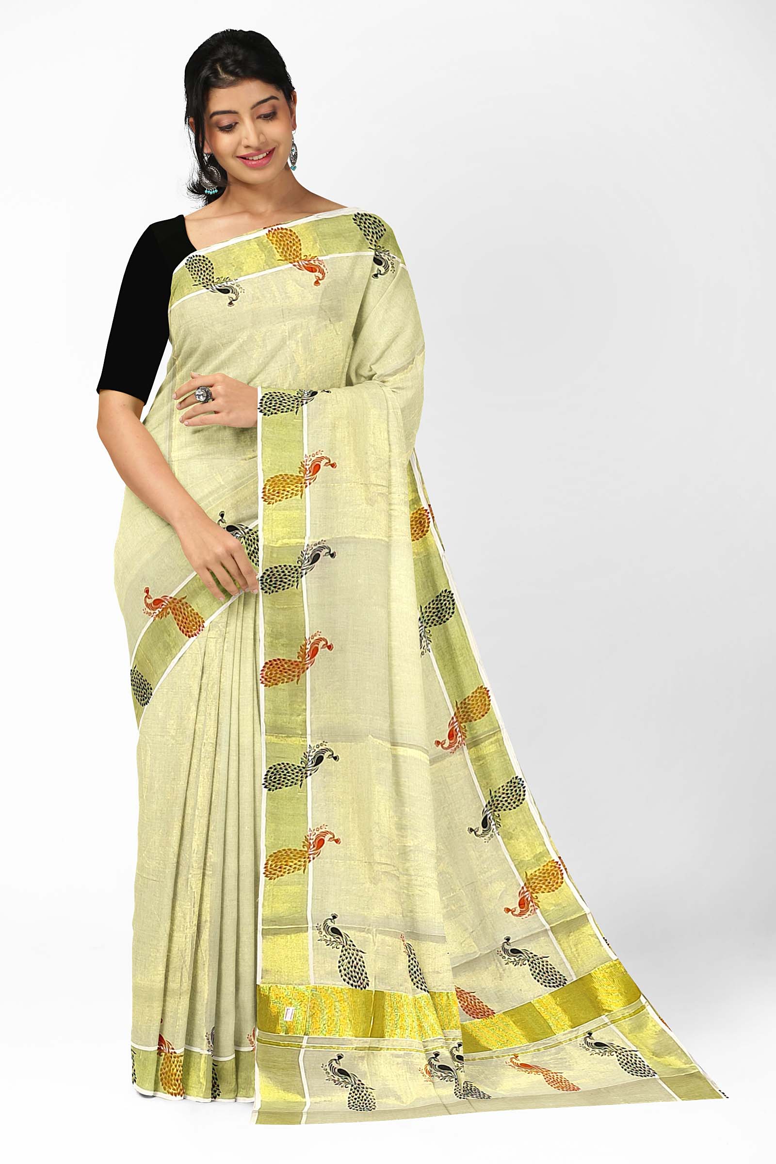 Cutwork on Kerala Cotton Tissue Saree with Running Blouse-KIATS001CW –  www.soosi.co.in