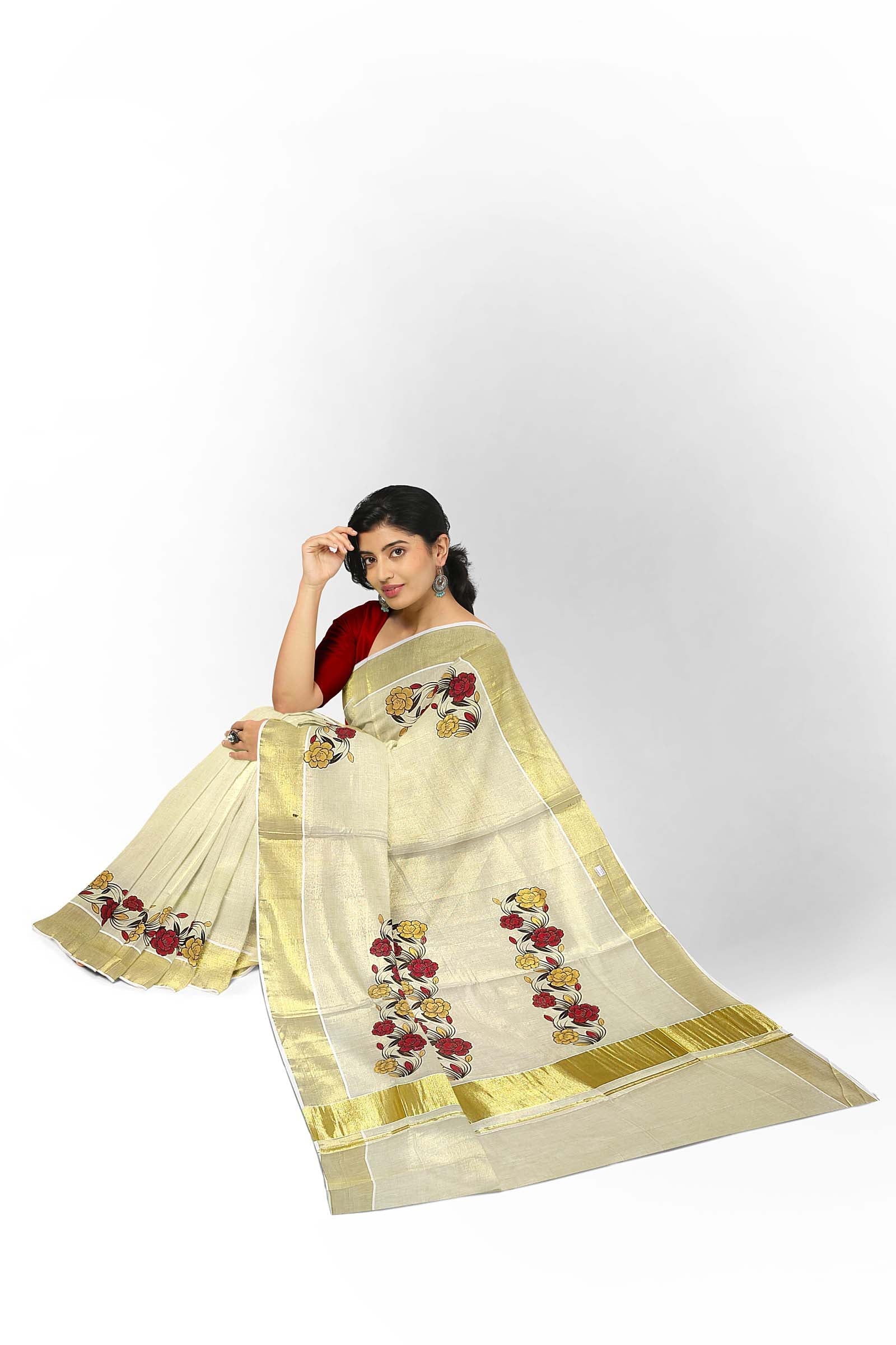 Southloom.com - Kerala Tissue Saree With Green Floral Design and Kasavu  Border Rs. 1580/- Buy online at: https://southloom.com/collections/kerala- saree-main/products/kerala-tissue-saree-with-green-floral-design-and-kasavu-border  | Facebook