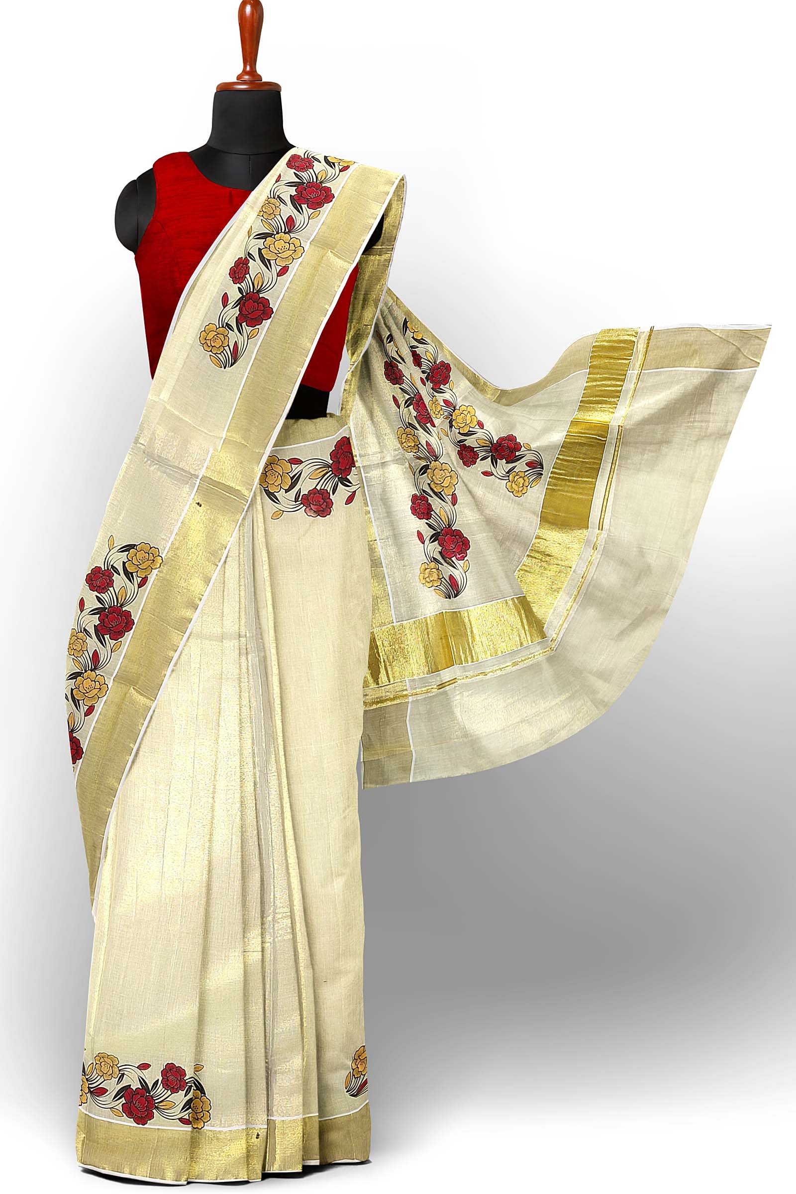 Cutwork Floral Motifs on Kerala Cotton Tissue Saree with Blouse-KIA001 –  www.soosi.co.in