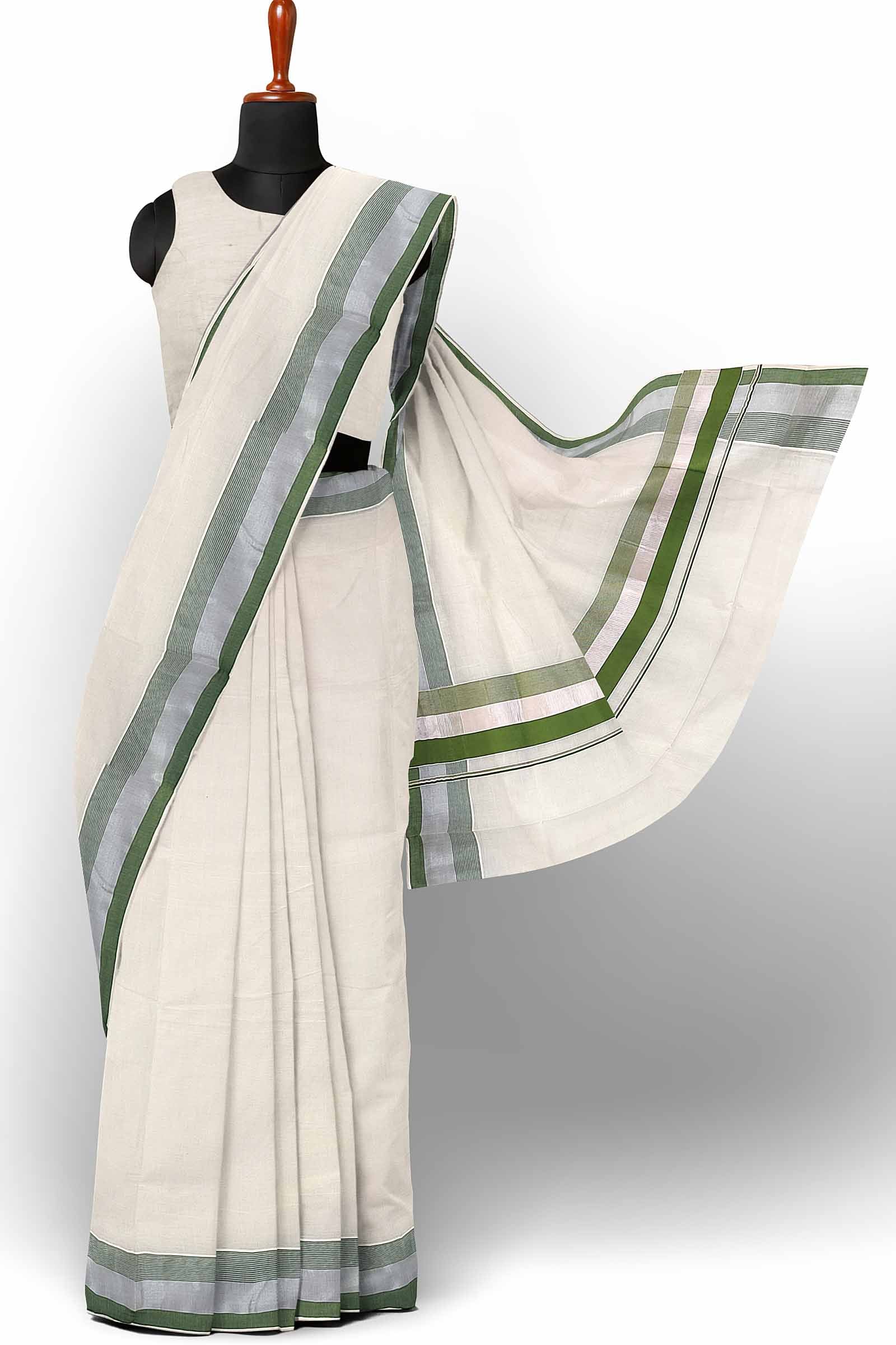 Pure Cotton Kerala Saree with Silver Kasavu and Dark Green Border –  Southloom Handmade and Organics