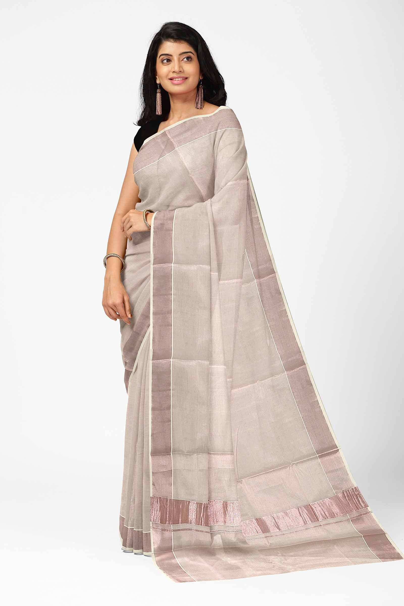 Silver Tissue Kasavu Saree With Embroidered Foliage Designs at Soch