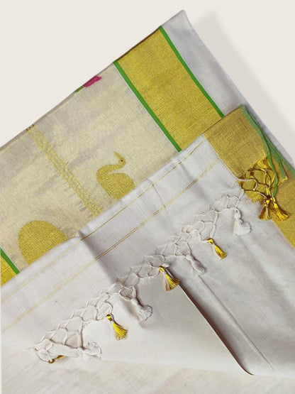 Kerala Kasavu Saree Premium Balaramapuram Handloom with Handwoven Swan and Leaf Motiff
