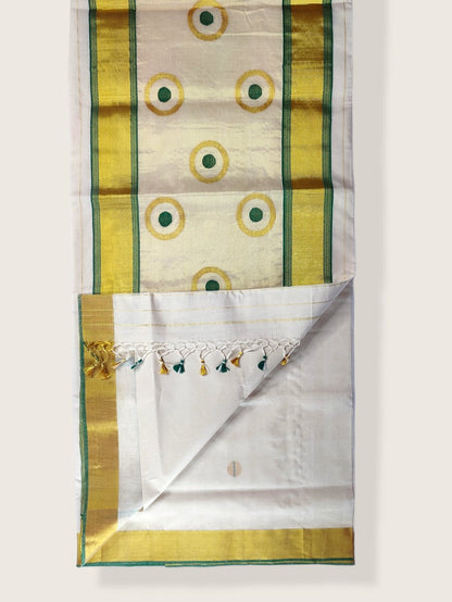 Kerala Kasavu Saree Premium Balaramapuram Handloom with Round Motif