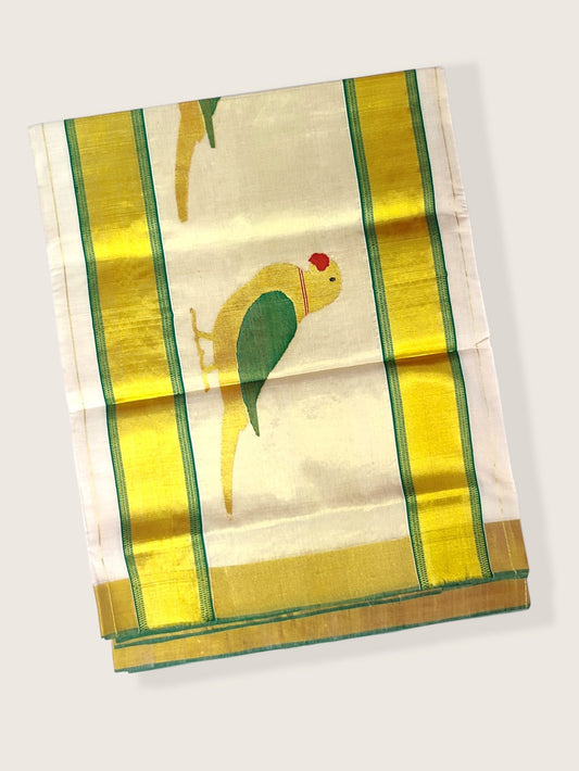 Kerala Kasavu Saree Premium Balaramapuram Handloom with Handwoven Parrot Motiff