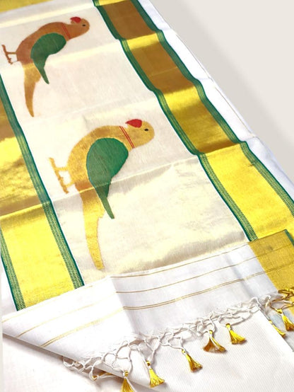 Kerala Kasavu Saree Premium Balaramapuram Handloom with Handwoven Parrot Motiff