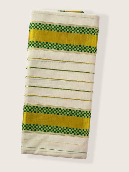 Kerala Kasavu Saree Premium Balaramapuram Handloom with Green Check Desgin with Line Body