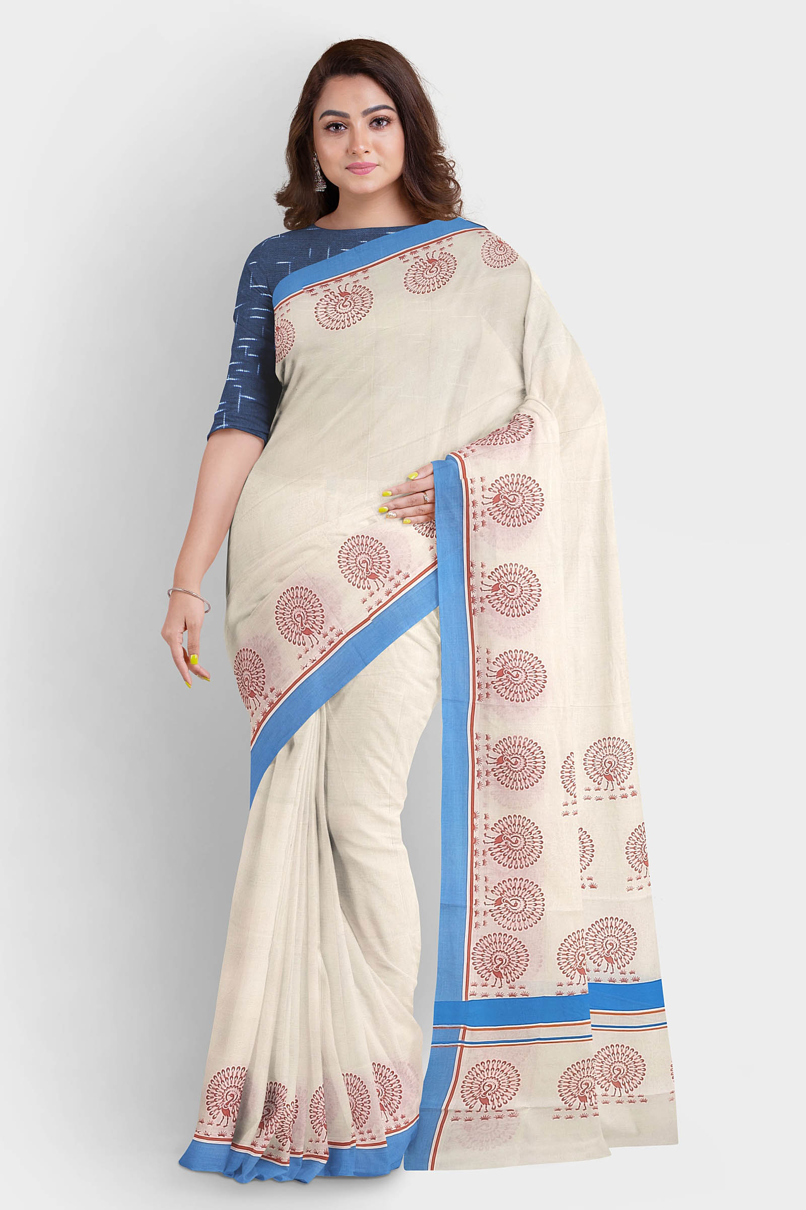 White with Silver and Royal Blue Border plain Linen Saree - Loomfolks