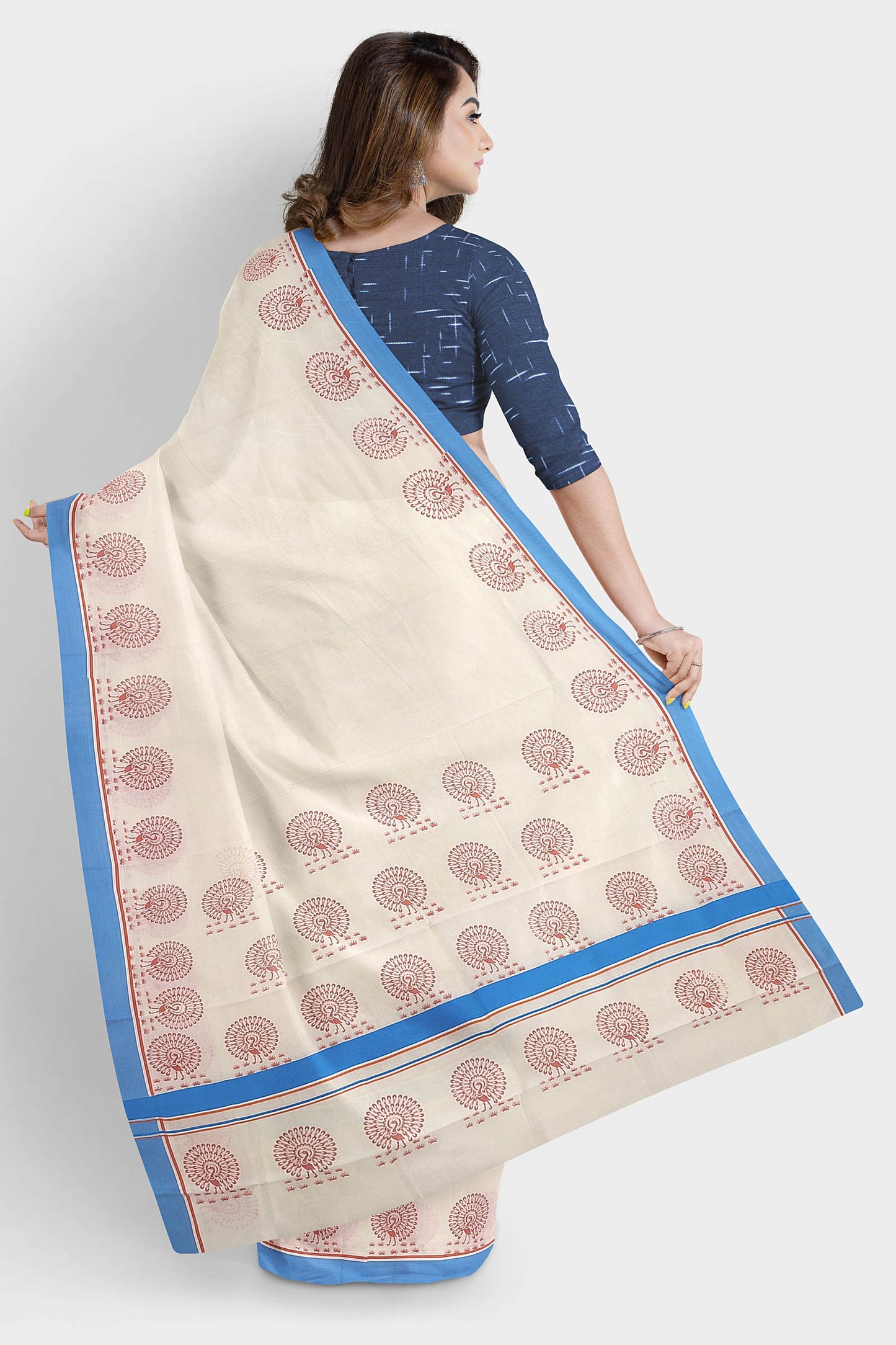 Kerala Pure Cotton Saree with Blue Border and Peacock Print
