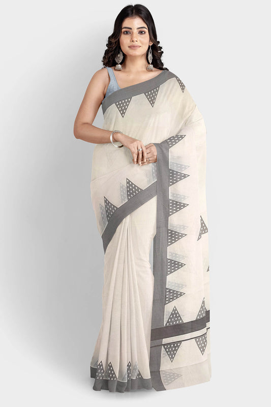 Kerala Pure Cotton Saree with Grey Border and Triangle Print