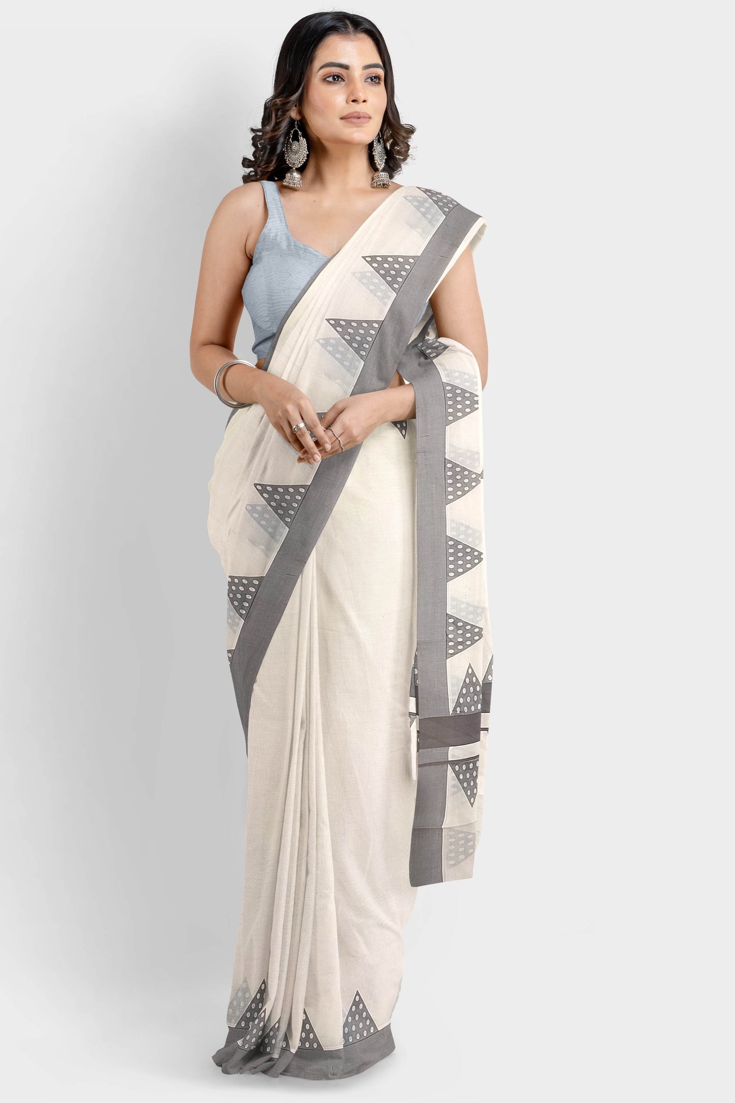 Kerala Pure Cotton Saree with Grey Border and Triangle Print