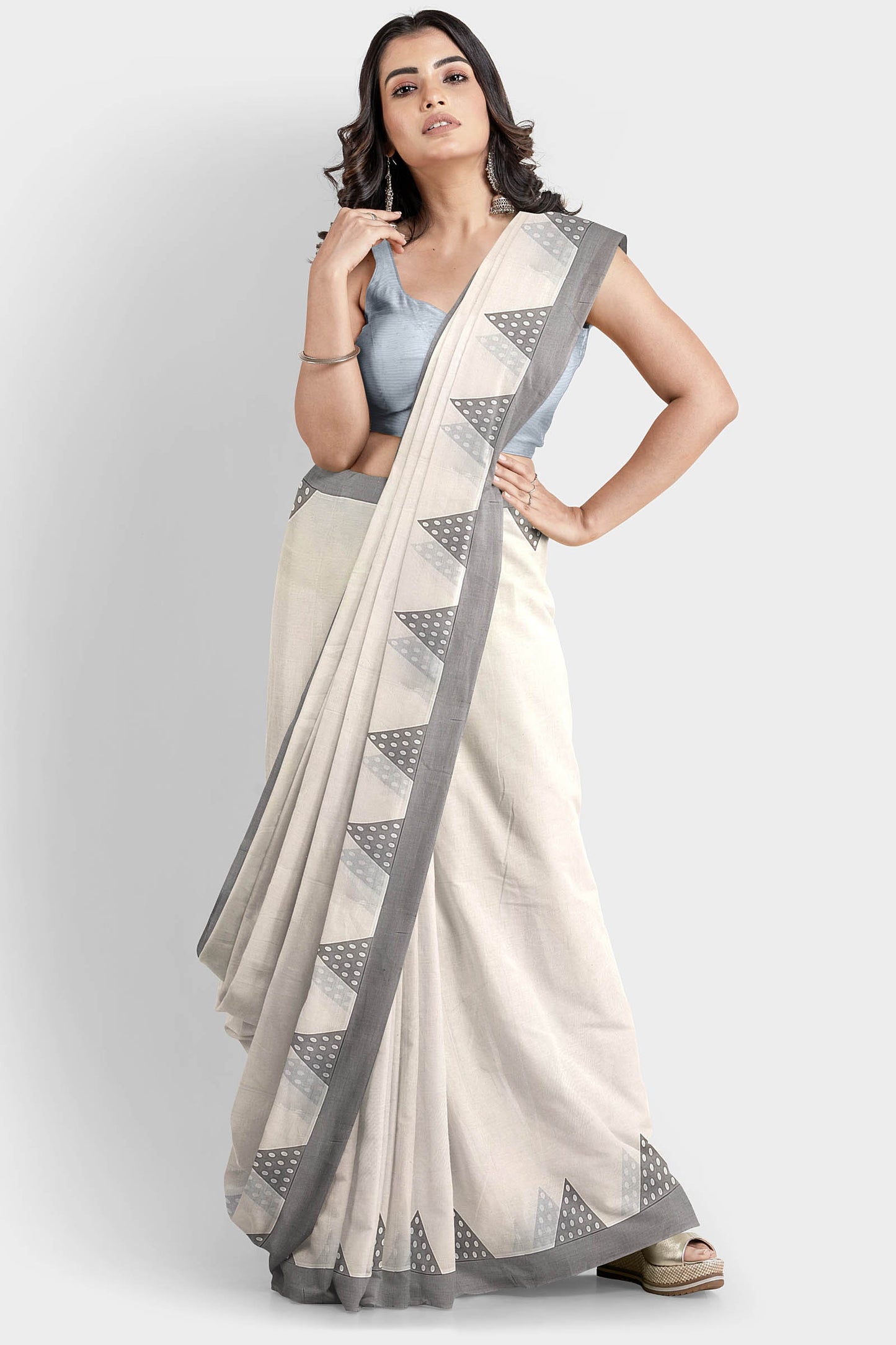 Kerala Pure Cotton Saree with Grey Border and Triangle Print