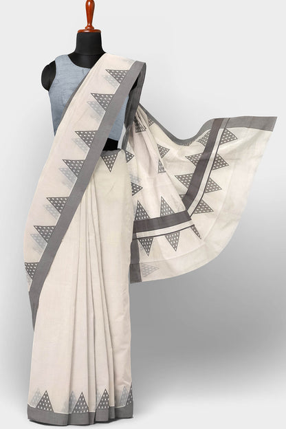 Kerala Pure Cotton Saree with Grey Border and Triangle Print