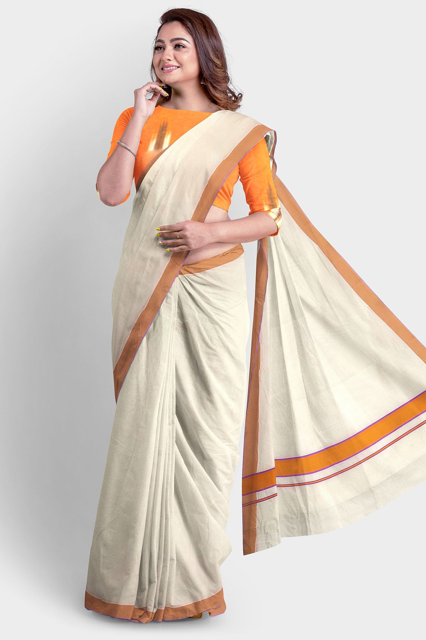 Kerala Saree Pure Cotton with Orange and Rose Border