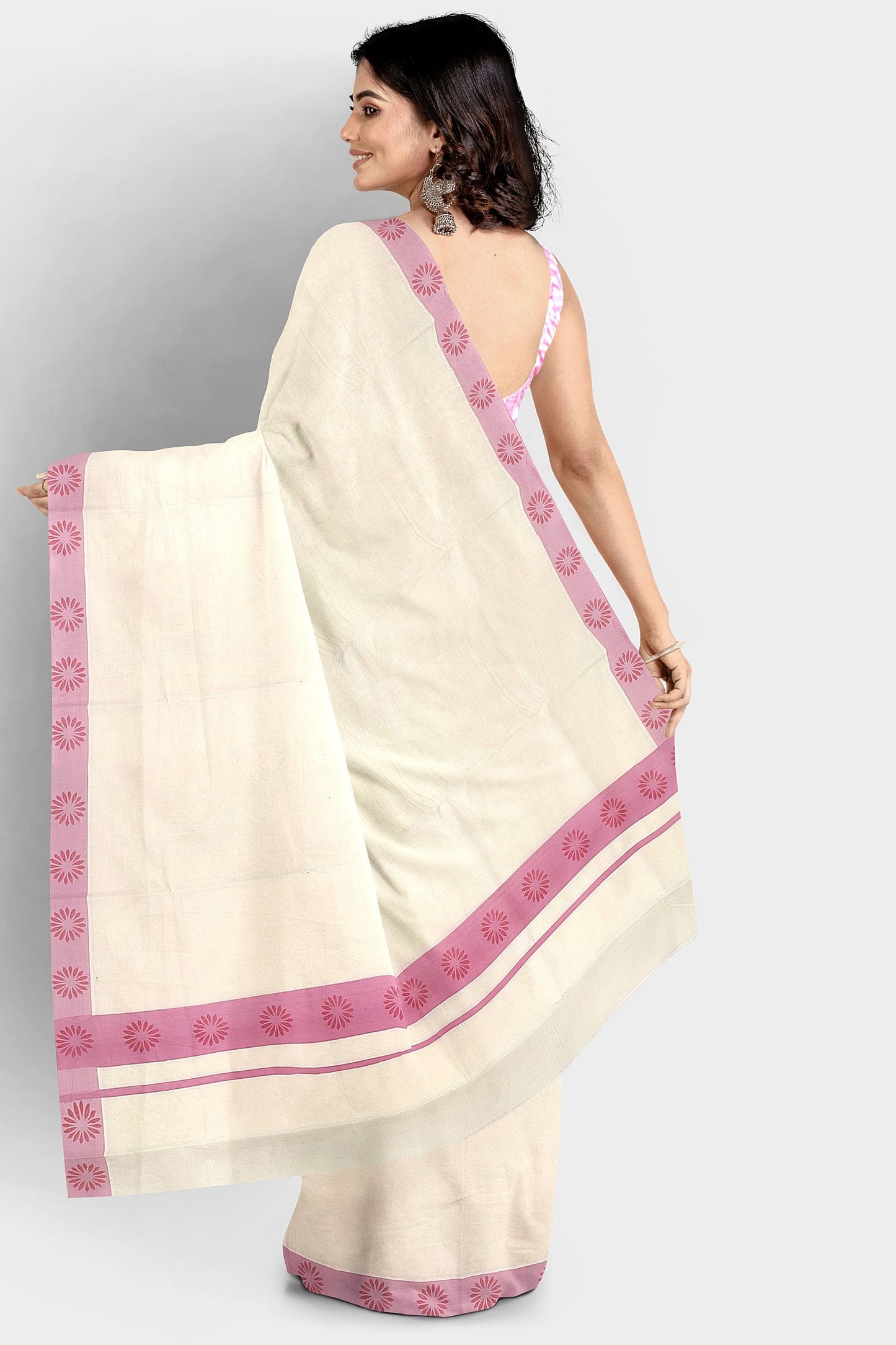 Kerala Saree Pure Cotton with Rose Border and Flower Motif