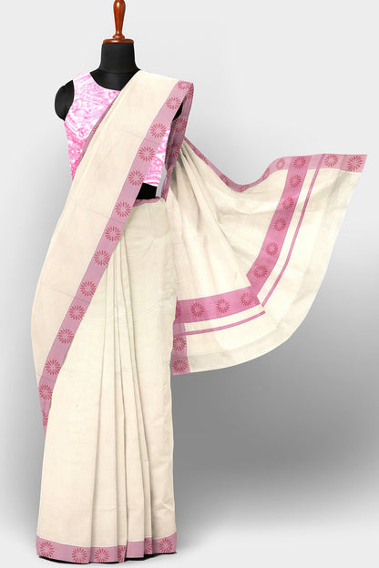 Kerala Saree Pure Cotton with Rose Border and Flower Motif