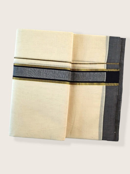 Kerala Double Mundu/Dhoti Pure Cotton with Grey and Gold Design Border