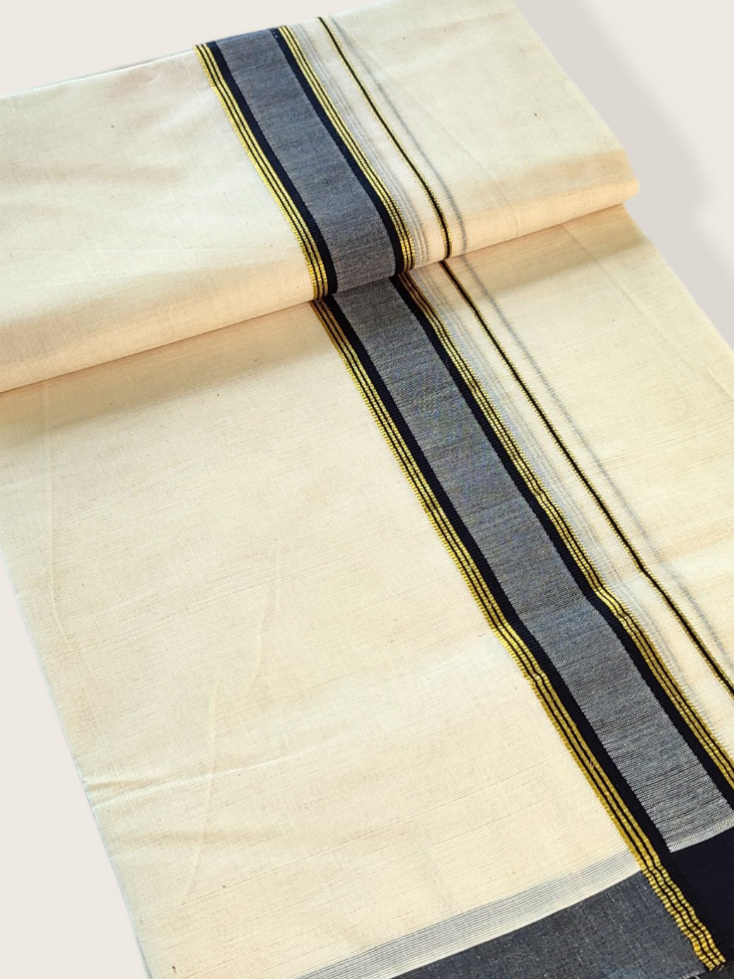 Kerala Double Mundu/Dhoti Pure Cotton with Grey and Gold Design Border