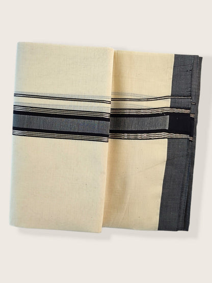 Kerala Double Mundu/Dhoti Pure Cotton with with Black and Silver Border