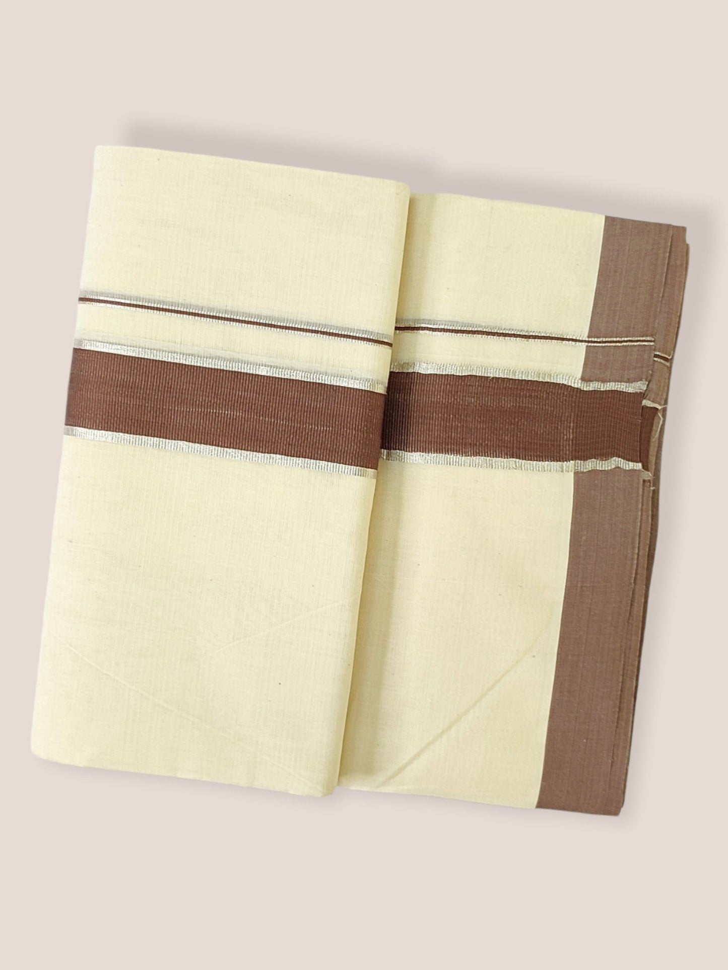 Kerala Double Mundu/Dhoti Pure Cotton with Solid Brown Border