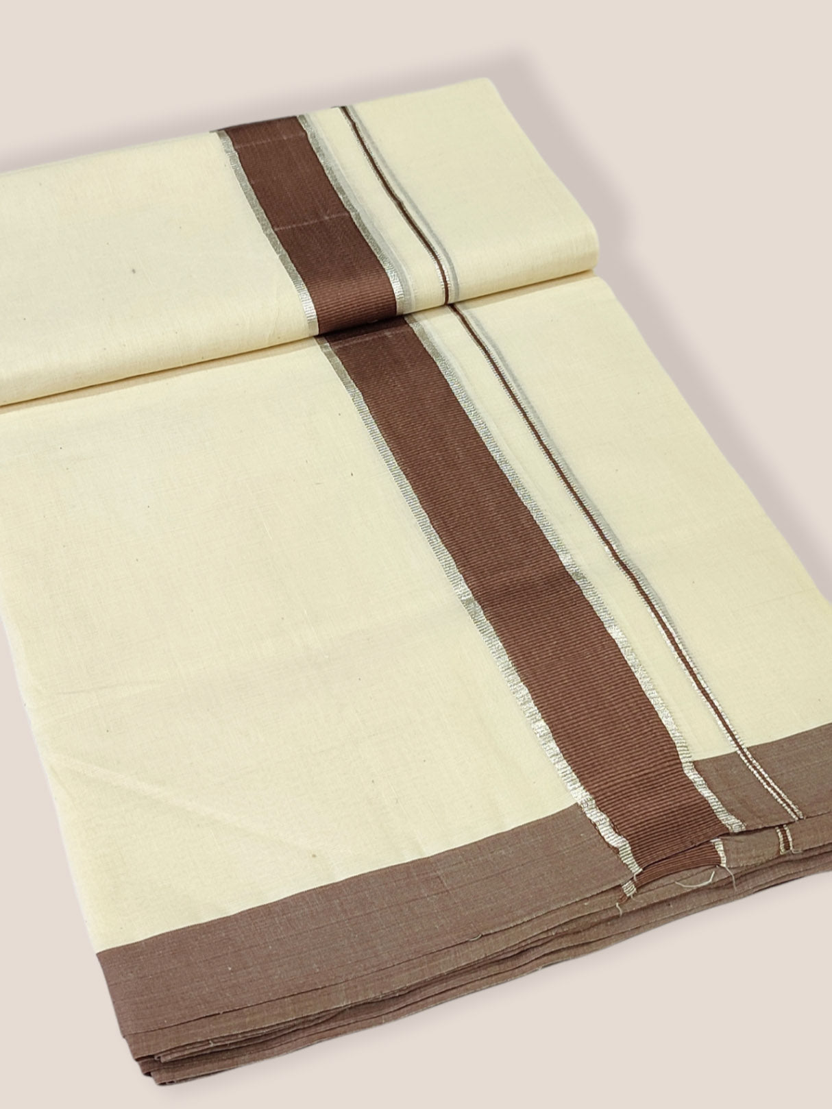 Kerala Double Mundu/Dhoti Pure Cotton with Solid Brown Border