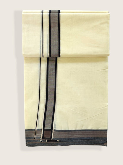 Kerala Double Mundu/Dhoti Pure Cotton with Brown and Black Design Border